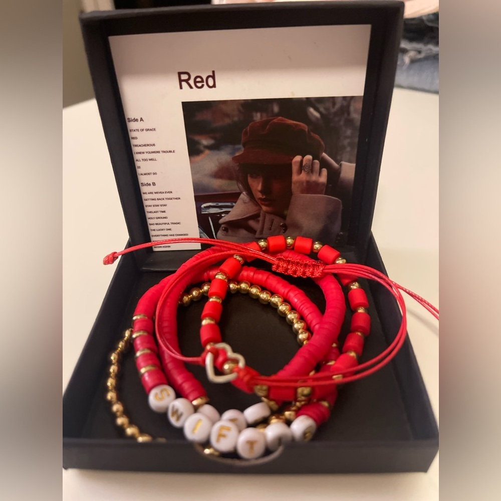 New Taylor Swift Red & Gold Beaded 5 piece Bracelet Set